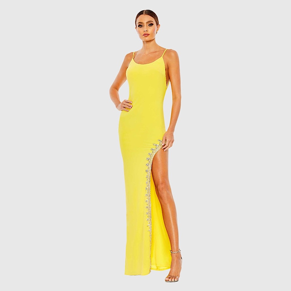 RHINESTONE ENCRUSTED SIDE SLIT CAMI BODYCON GOWN